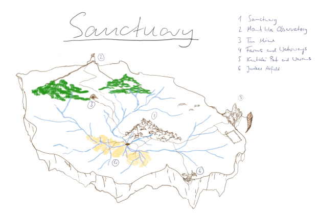 Shitty drawing of the floe Sanctuary: a floating island with single mountain, small town and port.
